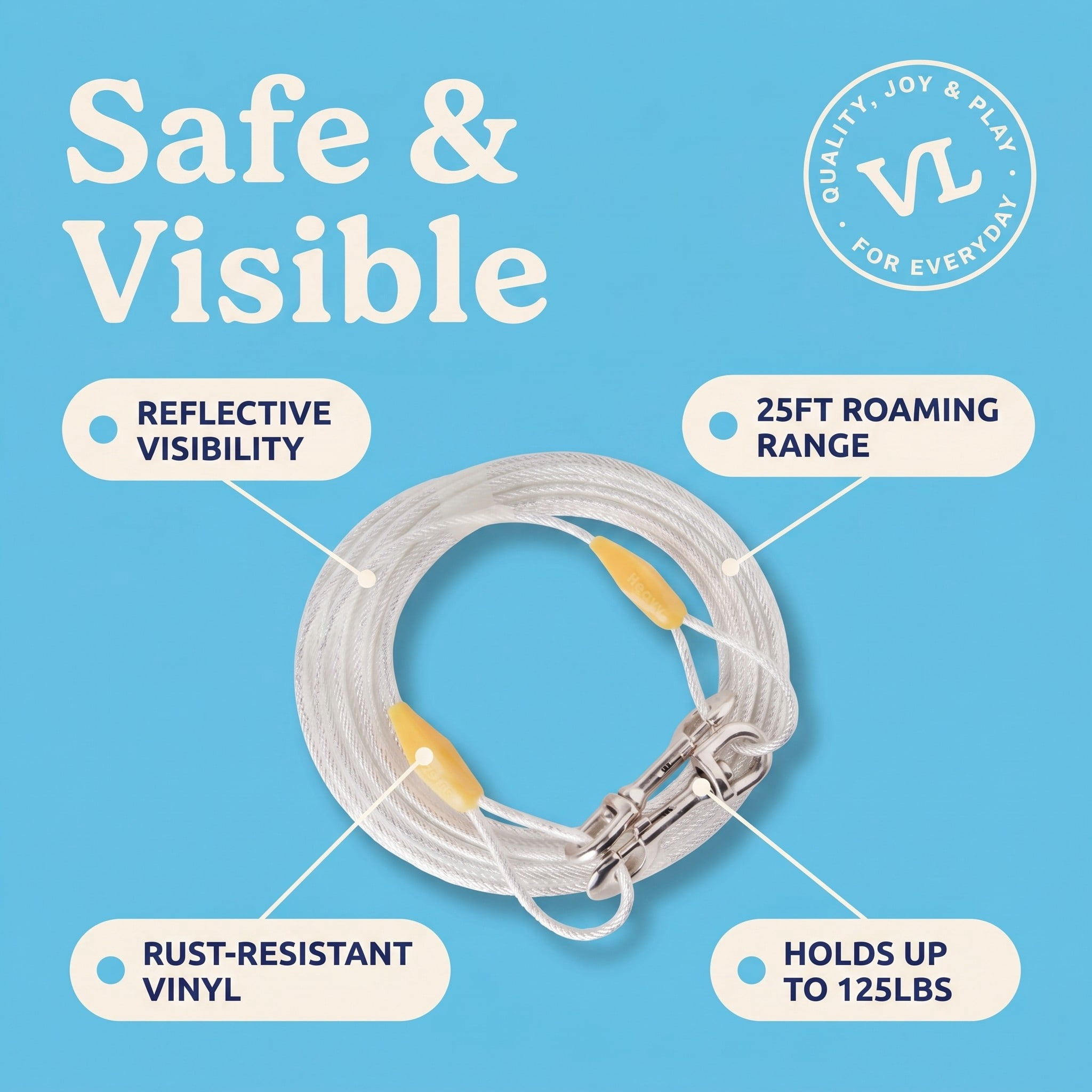 (6 pack) Vibrant Life Reflective Vinyl-Covered Tie-Out Cable for Dogs, XL, 30'