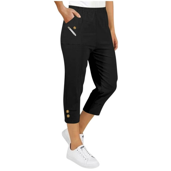 Clearance under 10$ Sevevn Fashion Women's Solid Color Stretch Waist Strap Pocket Zipper Pants 7 Quarter Pants Deal of the Week Black XXL