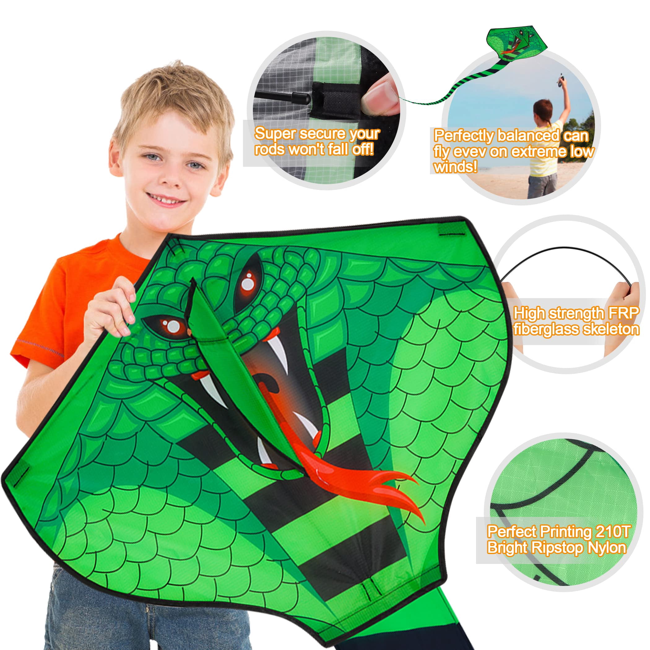 4 Pack Kites - Large Fire Dragon Kite Green Snake Kite Devil Fish Kite Red Mollusc Octopus with Long Colorful Tail for Kids Adults Outdoor Game Activities