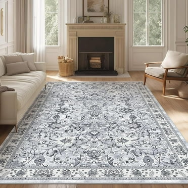 MJIAexp 6'x9' Moroccan Area Rug Washable Bedroom Rug Vintage Boho Area Rug Non-Slip Accent Throw Rug Stain Resistant Floor Carpet for Kitchen Entryway Living Room Office Floral Gray