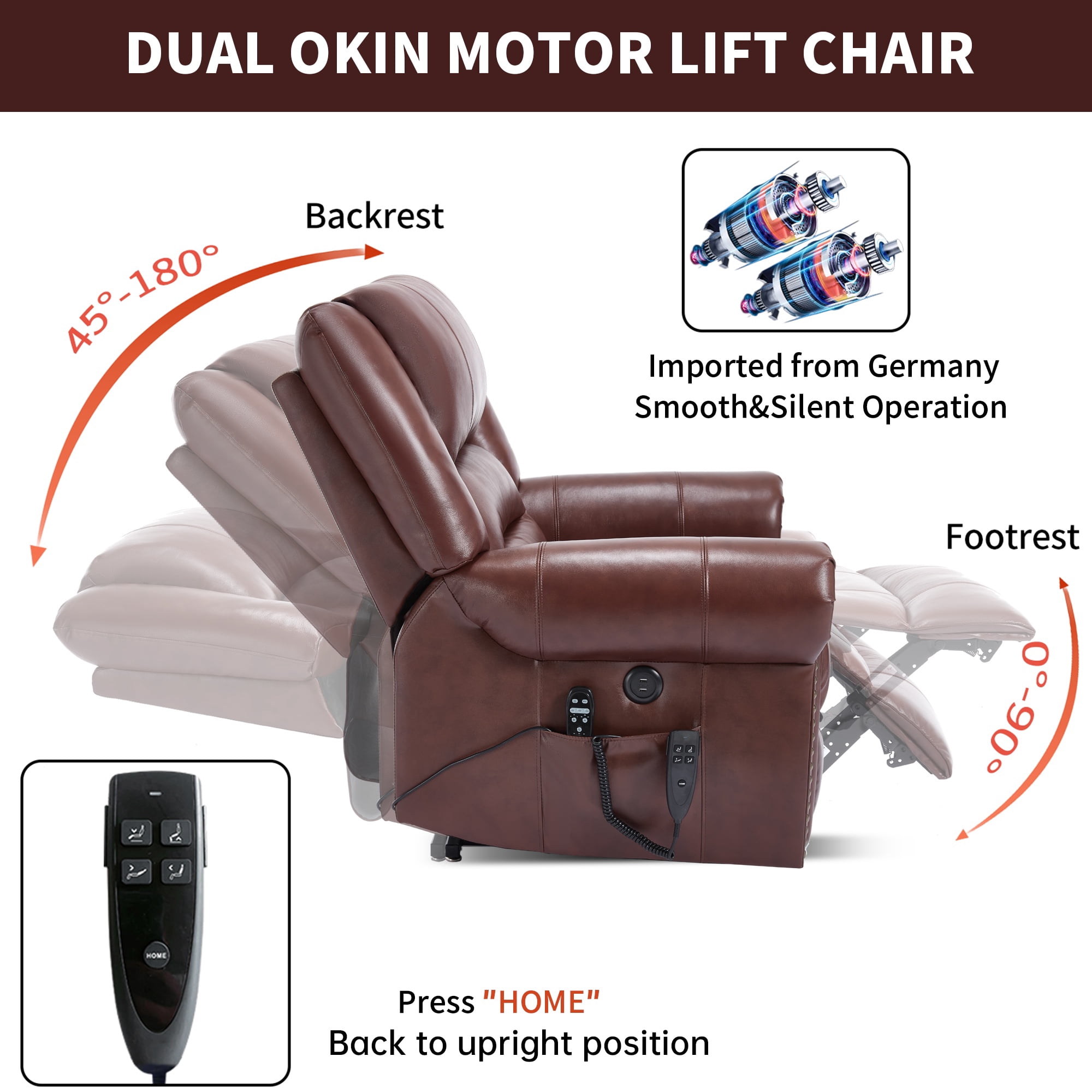 LEGAHOME Genuine Leather Power Lift Recliner Chair, Electric Infinite Position Lift Chair for Elderly with Heated and Massage, Reclining Sofa with USB Charging Port and Dual Motor, Red