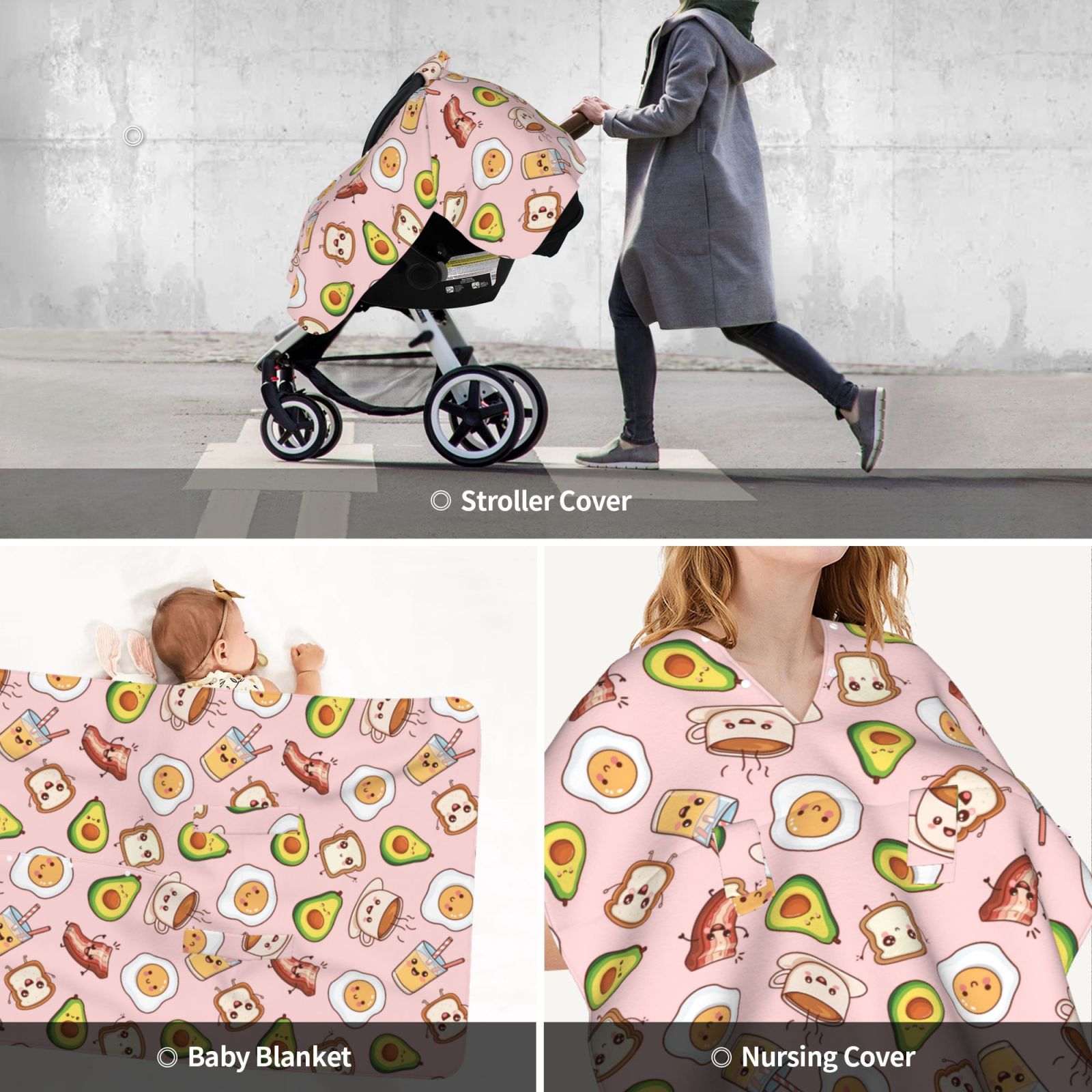 Car Seat Cover Baby - Breakfast Breathable Infant Car Seat Cover for Baby Carseat, Lightweight Comfort Baby Essentials Must Haves Newborn Stuff for Girl Boy