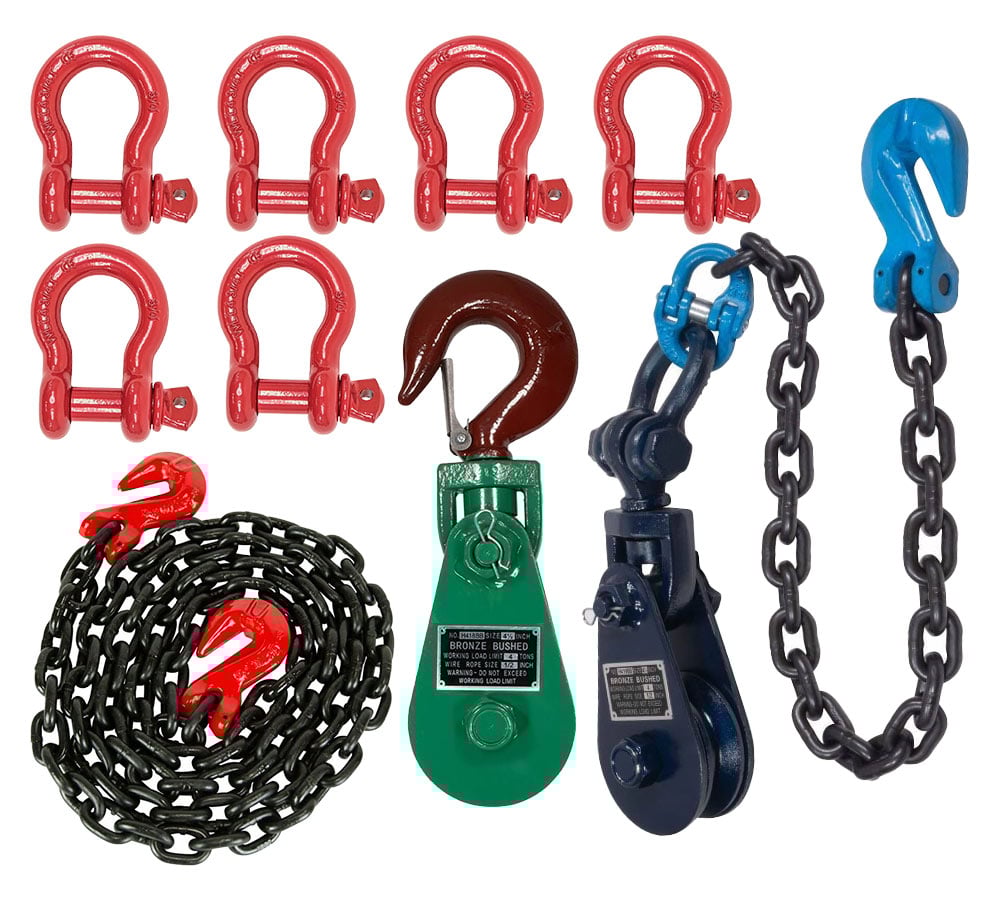Offroad Recovery Kit – 6Pk 3/4" Anchor Shackles 4.75 Ton WLL, 4.5" Snatch Block and 30" Chain, 3/8"x10' G80 Binder Chain 7100 lbs WLL, 4 Ton Snatch Block w/Hook for Tow Trucks