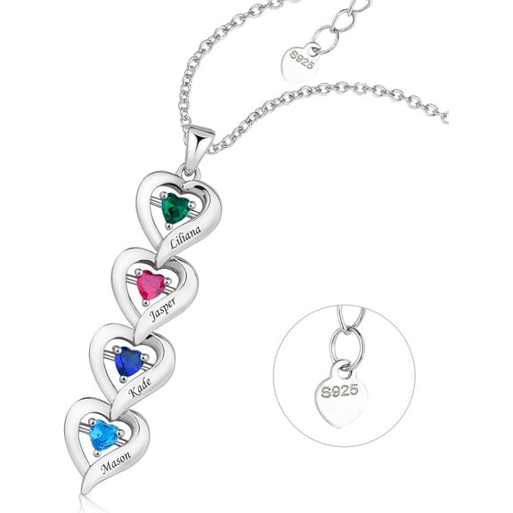 Personalized Mothers Necklace with Birthstones Names Sterling Silver Jewelry for Women Customized Engraved Necklace