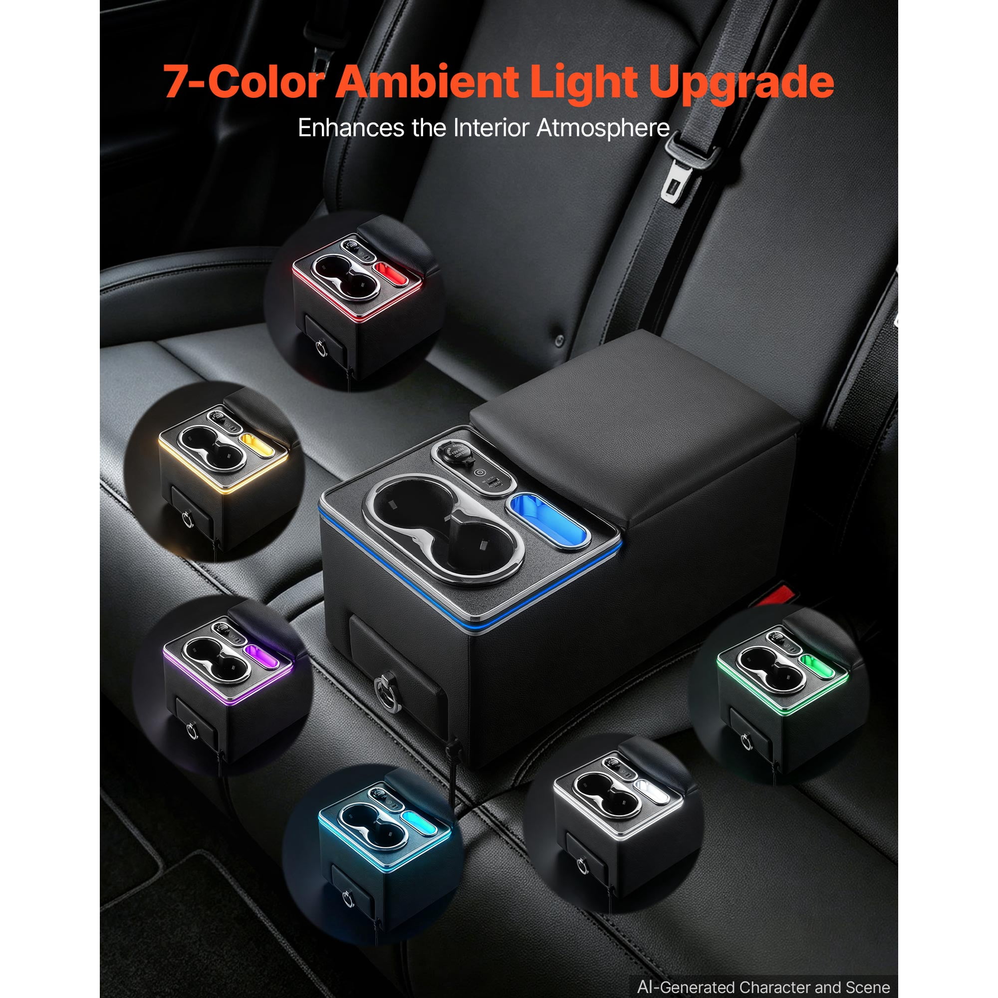 KFFKFF Universal Rear Bench Seat Center Console with Multi-Color Ambient Lighting, USB/Type-C/Cigarette Lighter Charging Ports, Back Seat Organizer with Cup and Phone Holders for MPV, Sedan, SUV