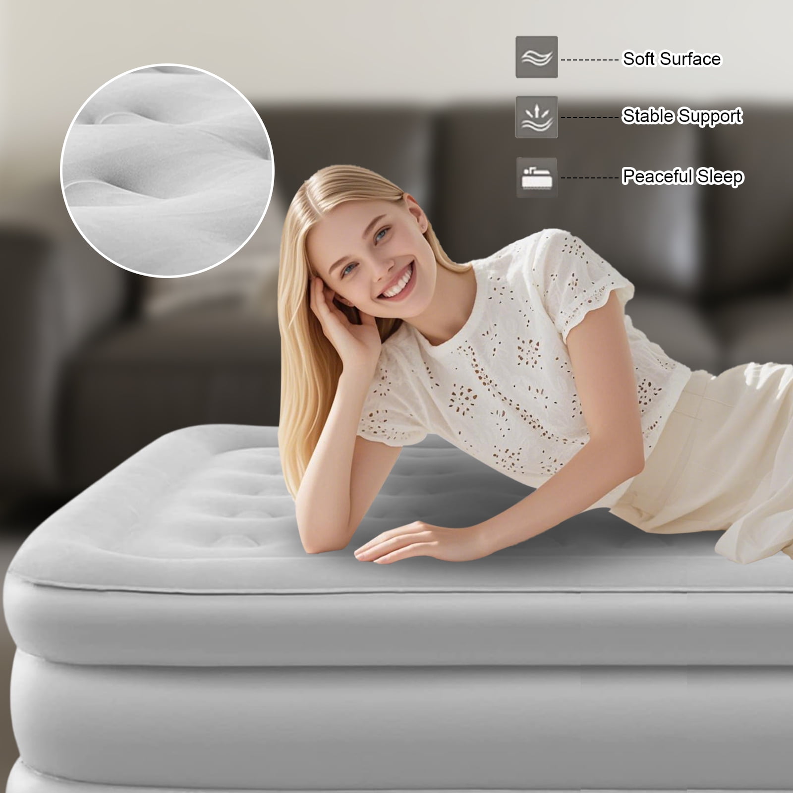 KFeng Queen Size Inflatable Air Mattress with Built in Pump Leak Proof,Foldable,Removable Backrest & Pillows（Gray))