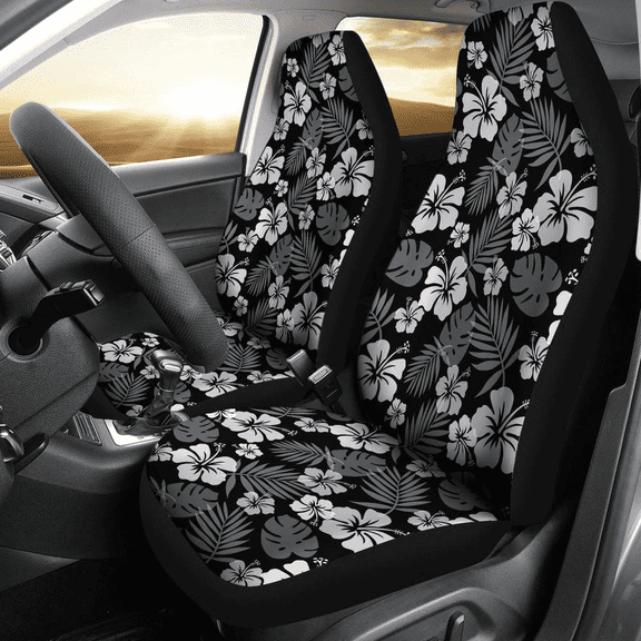 Black With Hibiscus Pattern In Gray and White Car Seat Covers Hawaiian Pack of 2 Universal Front Seat Protective Cover