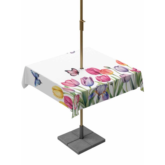 Outdoor Tablecloth with Umbrella Hole and Zipper, Tulips Spring Floral Square Table Cloth 60x60 Inch Waterproof Tablecloth, Pastoral Flowers Butterfly Farmhouse Picnic Table Cover for Patio Camping