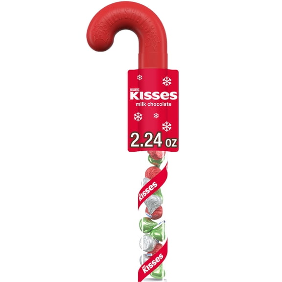 HERSHEY'S KISSES Milk Chocolate, Christmas Candy Plastic Cane, 2.24 oz