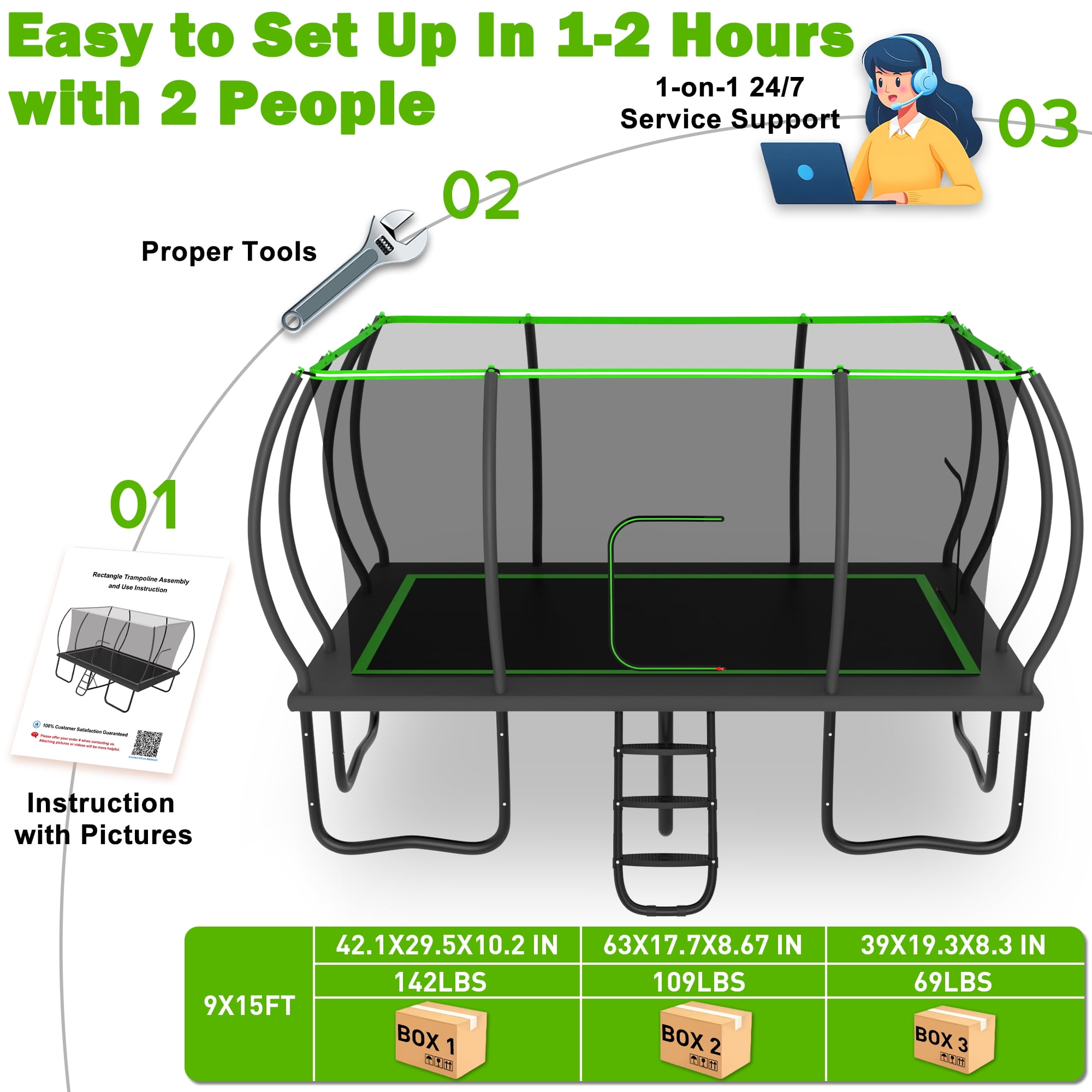 Jump Into Fun Rectangle Trampoline 9x15FT, 2000LBS Weight Capacity Heavy Duty Outdoor Large Gymnastics Trampolines for Kids and Adults with Enclosure Net
