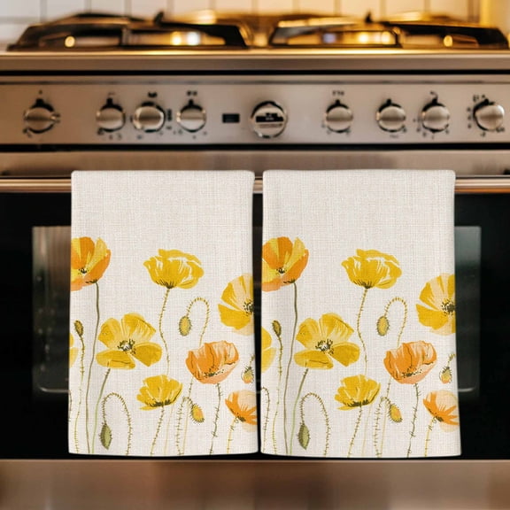Yellow Flowers Kitchen Towels Set of 4, Farmhouse Botanical Watercolor Floral Absorbent Dish Towels for Kitchen, Microfiber Hand Towel, Quick Drying Tea Towel for Cleaning Decorative Dishcloths