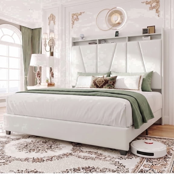 Sailvan Queen Bed Frame, Upholstered Platform Bed Frame with 52" Velvet Tall Headboard Wingback ,Noise Free, No Box Spring Needed, Beige