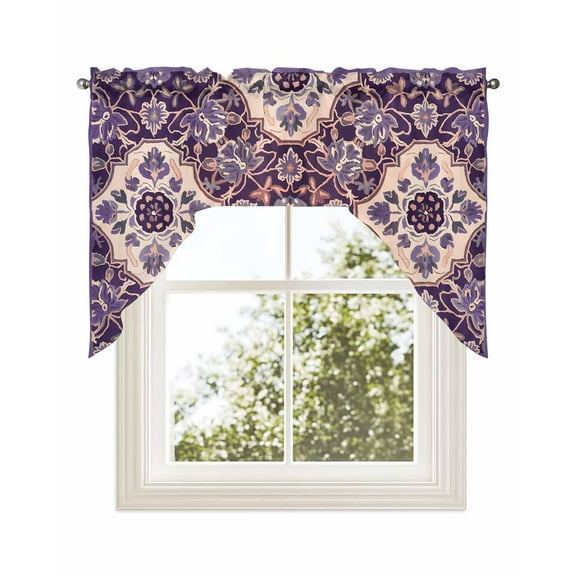 Purple Boho Kitchen Curtains Swag Valance for Windows/Bathroom/Cafe, Farmhouse Ethnic Abstract Floral Pattern Rod Pocket Drape Panel Swag Curtains Valance for Bedroom/Living Room 56"x36"