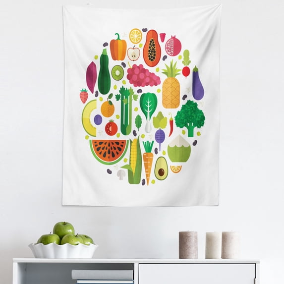 Vegetable Art Tapestry, Healthy and Fresh Ingredients in Circle Vegetarian Yummy and Natural Food Theme, Fabric Wall Hanging Decor for Bedroom Living Room Dorm, 5 Sizes, Multicolor, by Ambesonne