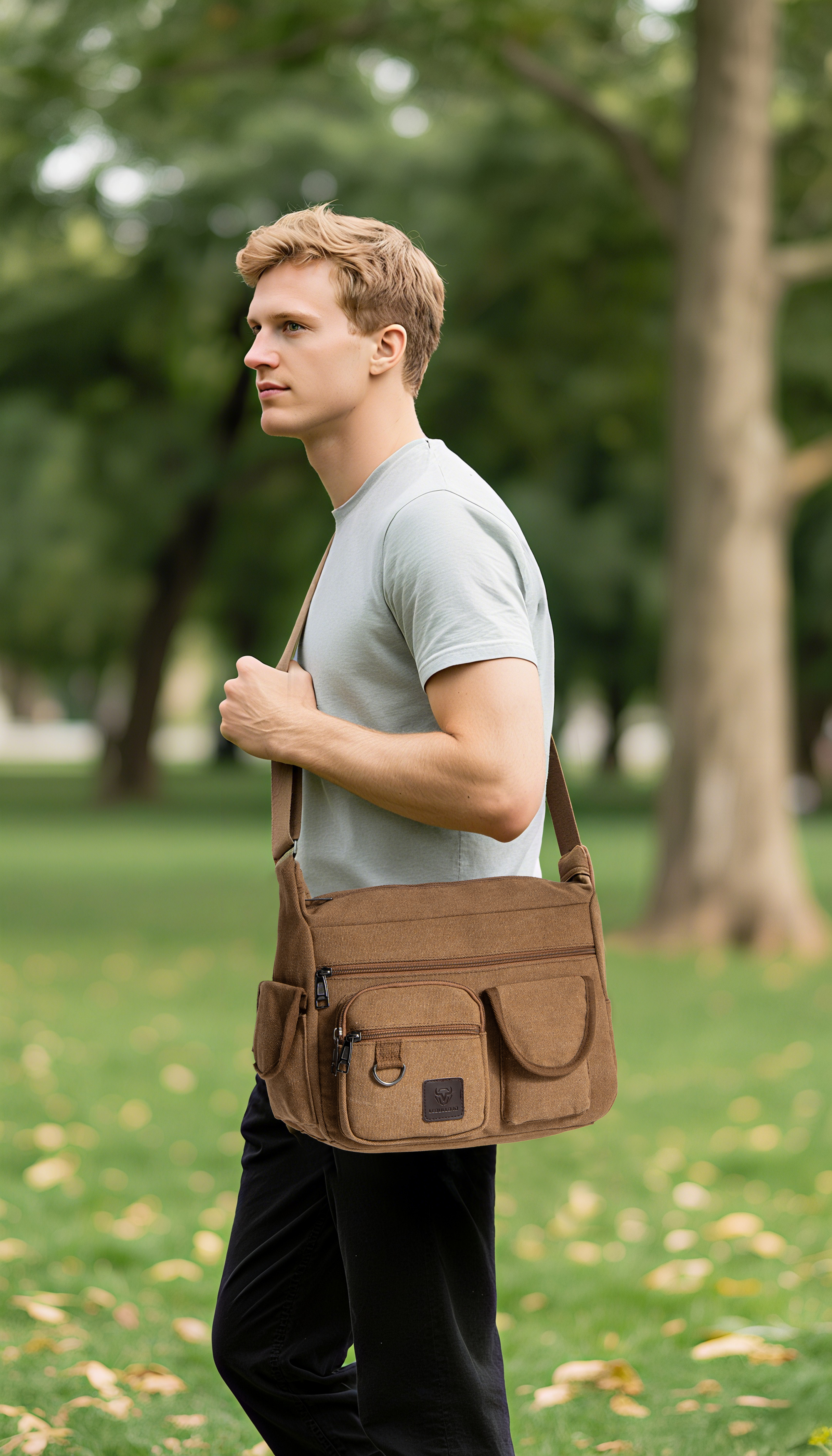 LEBULLBRO Canvas Messenger Bag for Mens Womens Multi-pockets 13 inch Laptop Shoulder Sling Bags School Crossbody Bags Travel Brown