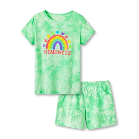 Trendy Summer Tie Dye Pajama Set for Little & Big Girls - Rainbow Graphic Tee & Shorts PJS Size 12
