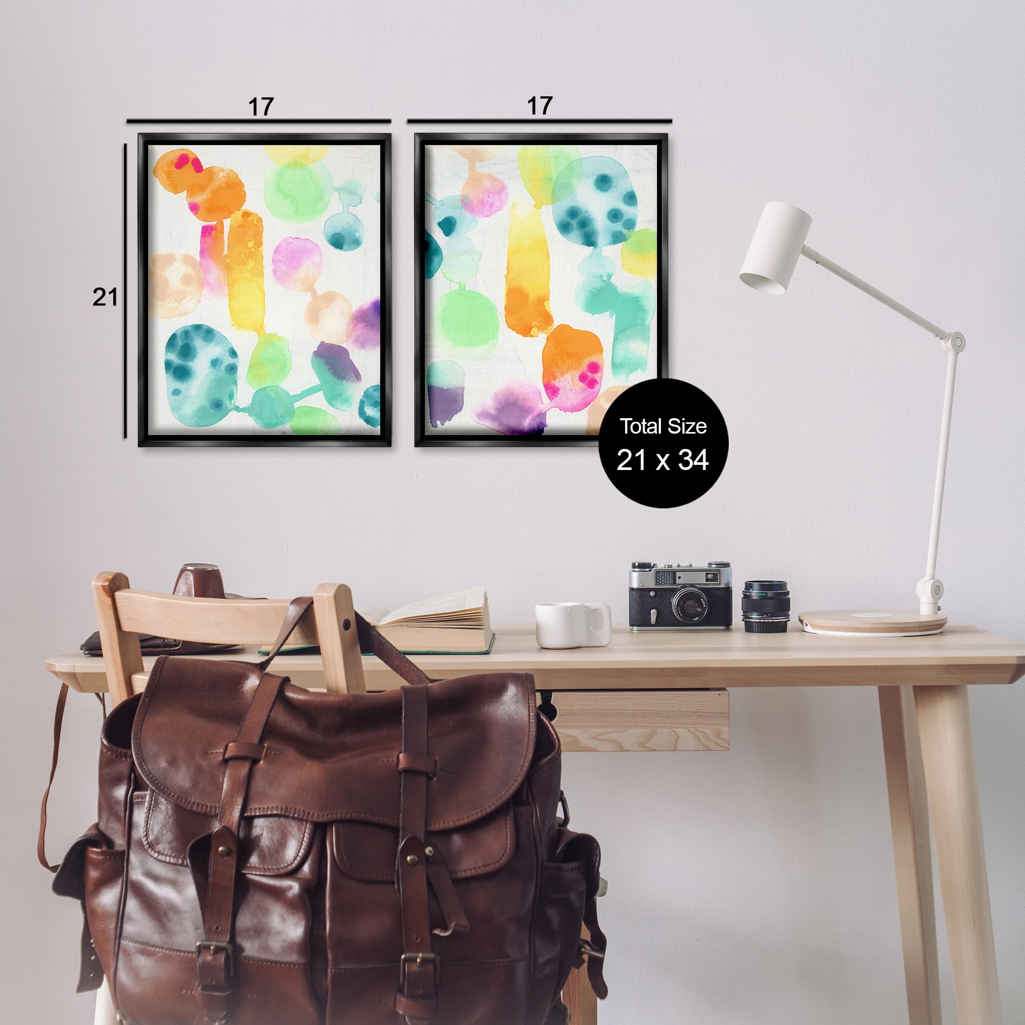 Stupell Industries Neon Colorful Abstract Shapes Abstract Painting Black Floater Framed Canvas Art Print Wall Art, 17 x 21, Set of 2
