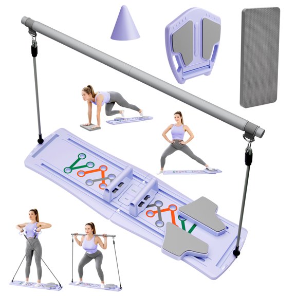 RICAN 7 in 1 Foldable Pilates Board, Pilates Reformer Set with 330LBS, Home Multi-functional Folding Body Board, Fitness, Exercise, Abs, Purple