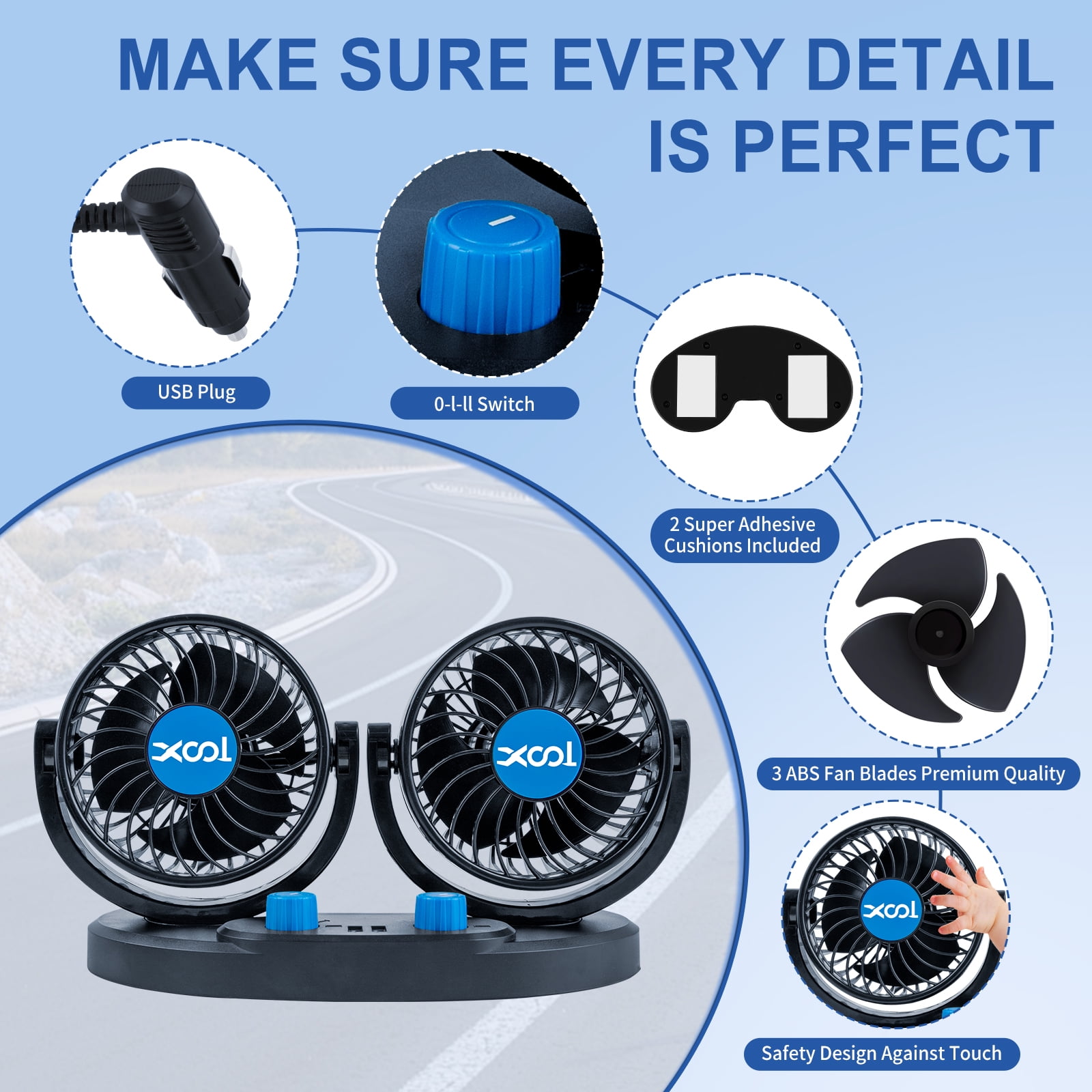 Car Fan, Electric Car Fan for Dashboard, 2 Speeds Portable 360 Degree 12V Car Cooling Fan for SUV, RV, Vehicle (2 USB Charging Ports)