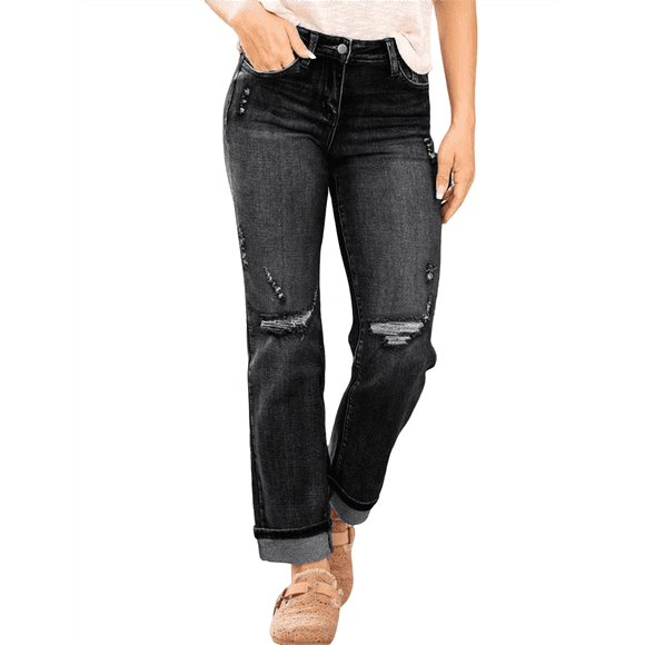 Women's Boyfriend Straight-Leg Mid-Rise Cropped Jeans Fashionable Stretch Ripped Denim Pants Black S