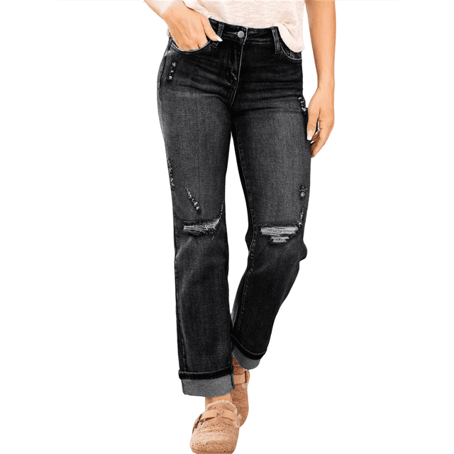 Women's Boyfriend Straight-Leg Mid-Rise Cropped Jeans Fashionable Stretch Ripped Denim Pants Black S