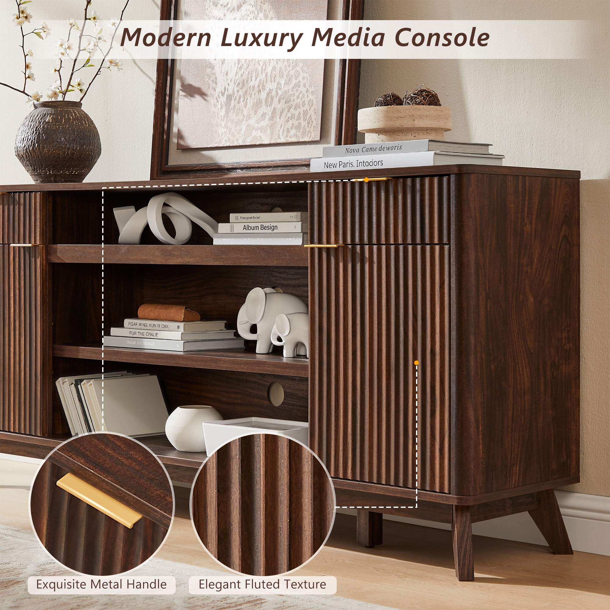 KeyWhat 70" Mid-Century Modern TV Stand for 75" TV, Fluted Doors, Drawers & Adjustable Shelves