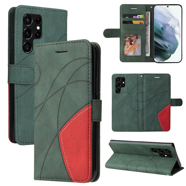Compatible Samsung Galaxy S22 ULTRA Case, Leather Wallet Case Stand View Magnetic Clasp Book Flip Folio Phone Cover - Green