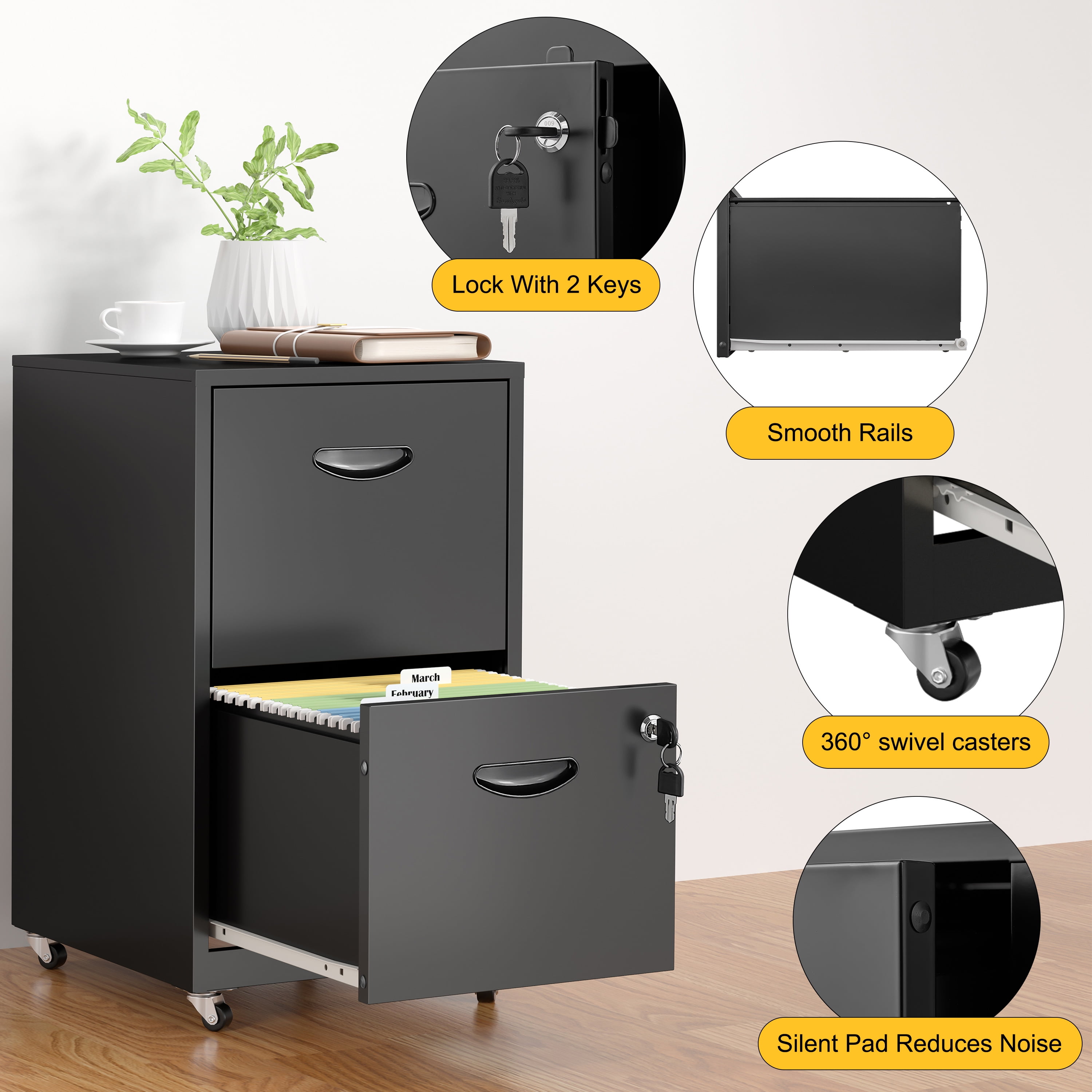 Polup 18"D Mobile Office Vertical 2 Drawer File Cabinet, Metal Filing Cabinet 2 Drawer with Lock