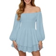 thumbnail image 2 of Women's Off Shoulder Dress, Ruffled Layered Chiffon Long Sleeve Swing Dress, Casual Beach Cover Up Dress for Vacation, Wedding and Date Night Light Blue L, 2 of 6