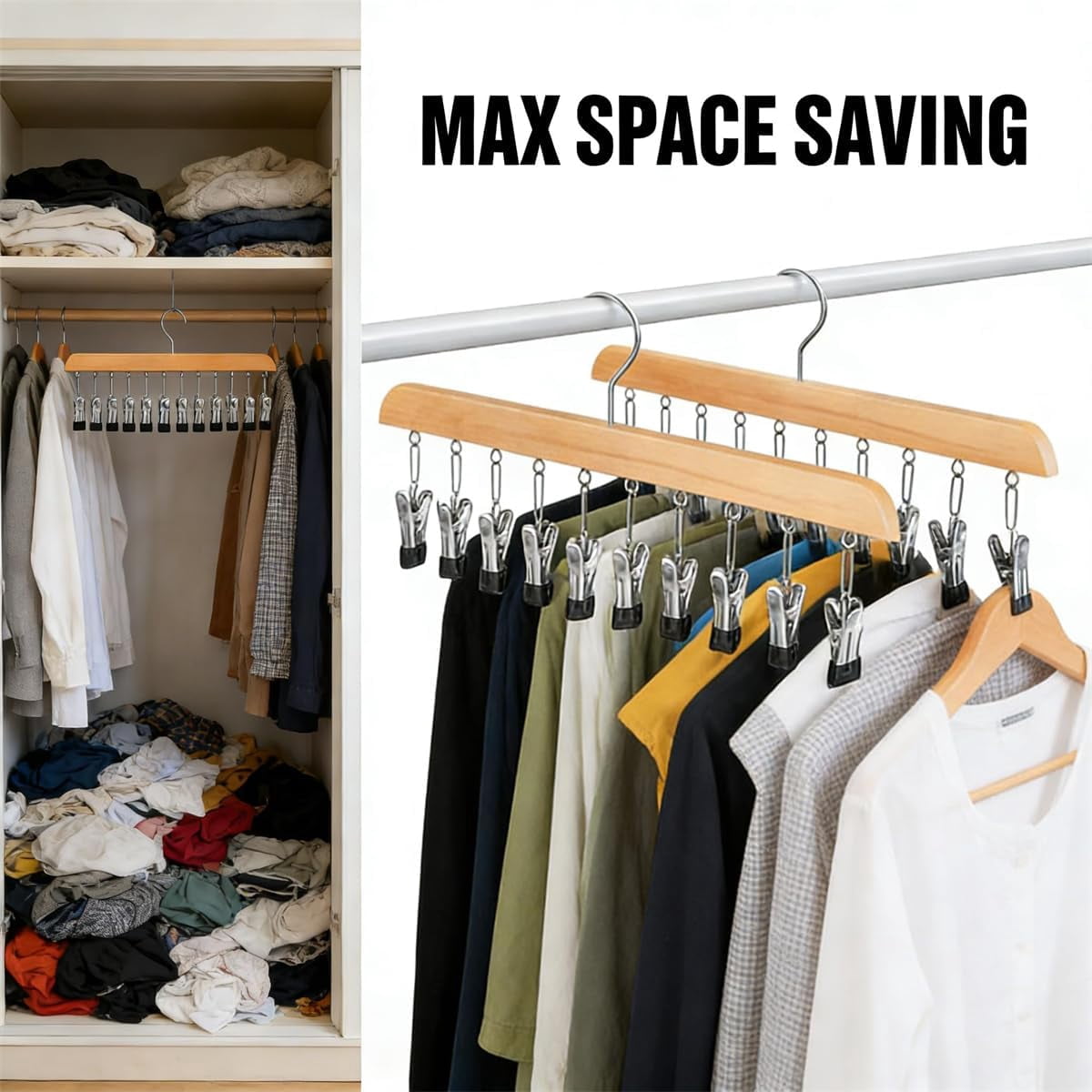 Closet Organizer with 10 Clips - 360° Rotating Wooden Pants Hanger, Space-Saving Rack for Leggings, Jeans and Hats