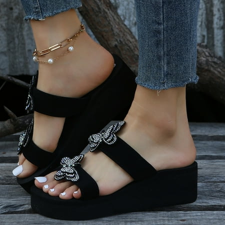

Women‘s Butterfly Rhinestone Decor Slippers Open Toe Round Toe Wedge Heeled Slides Women‘s Outdoor Comfy Footwear