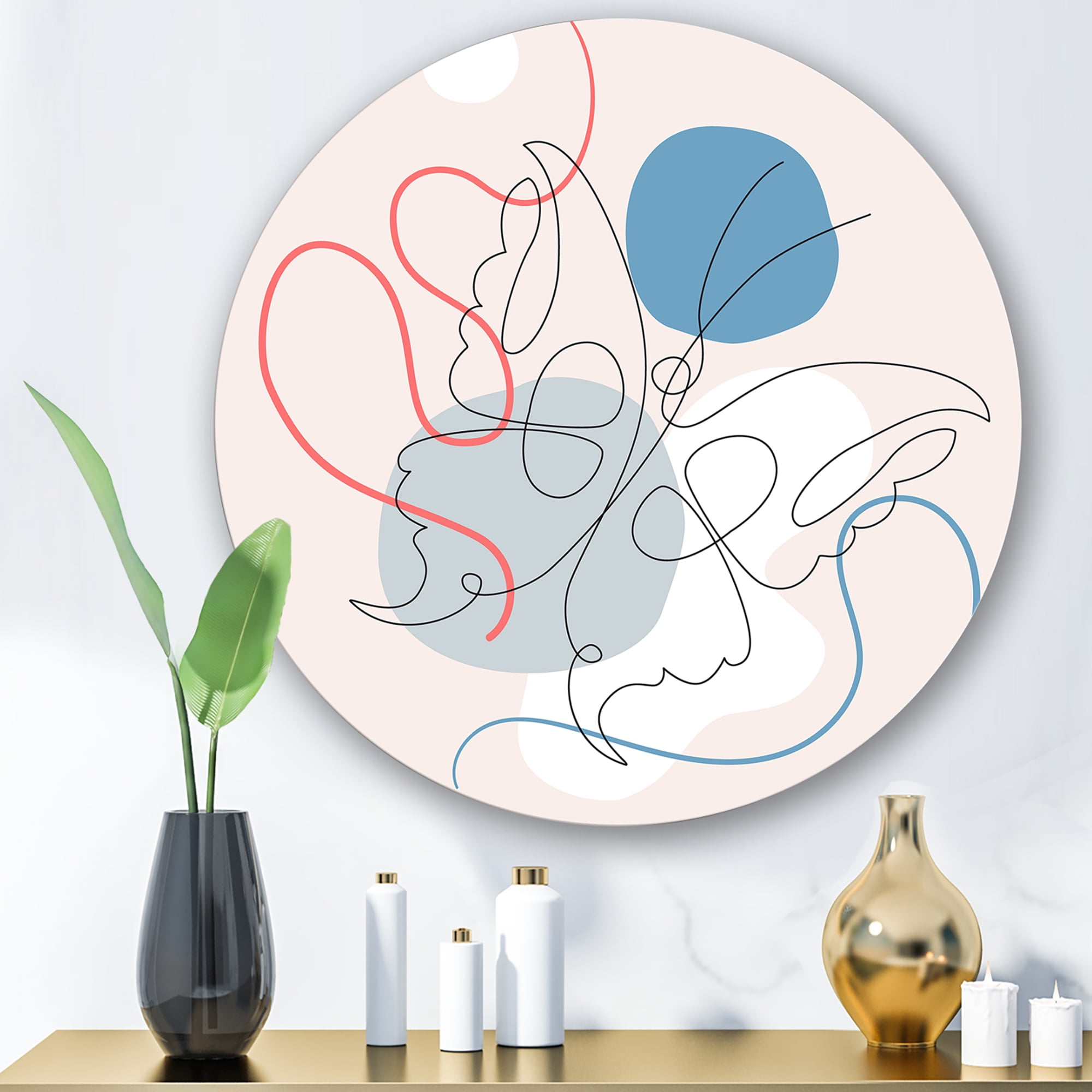 Designart 'Butterfly With One Line Drawing On Cubism Shapes I' Modern Circle Metal Wall Art 23x23 - Disc of 23
