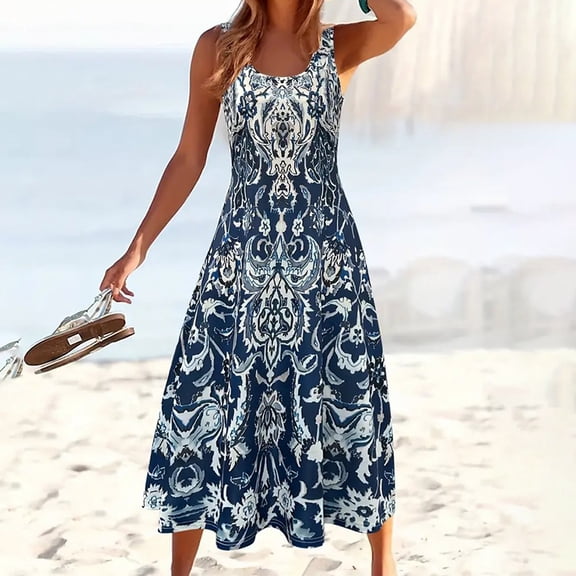 ZEHJUHAN Women's Sleeveless A-Line Sundress with Print Flowy Summer Maxi Beach Wide Strap Vacation Dress Pattern 1，S