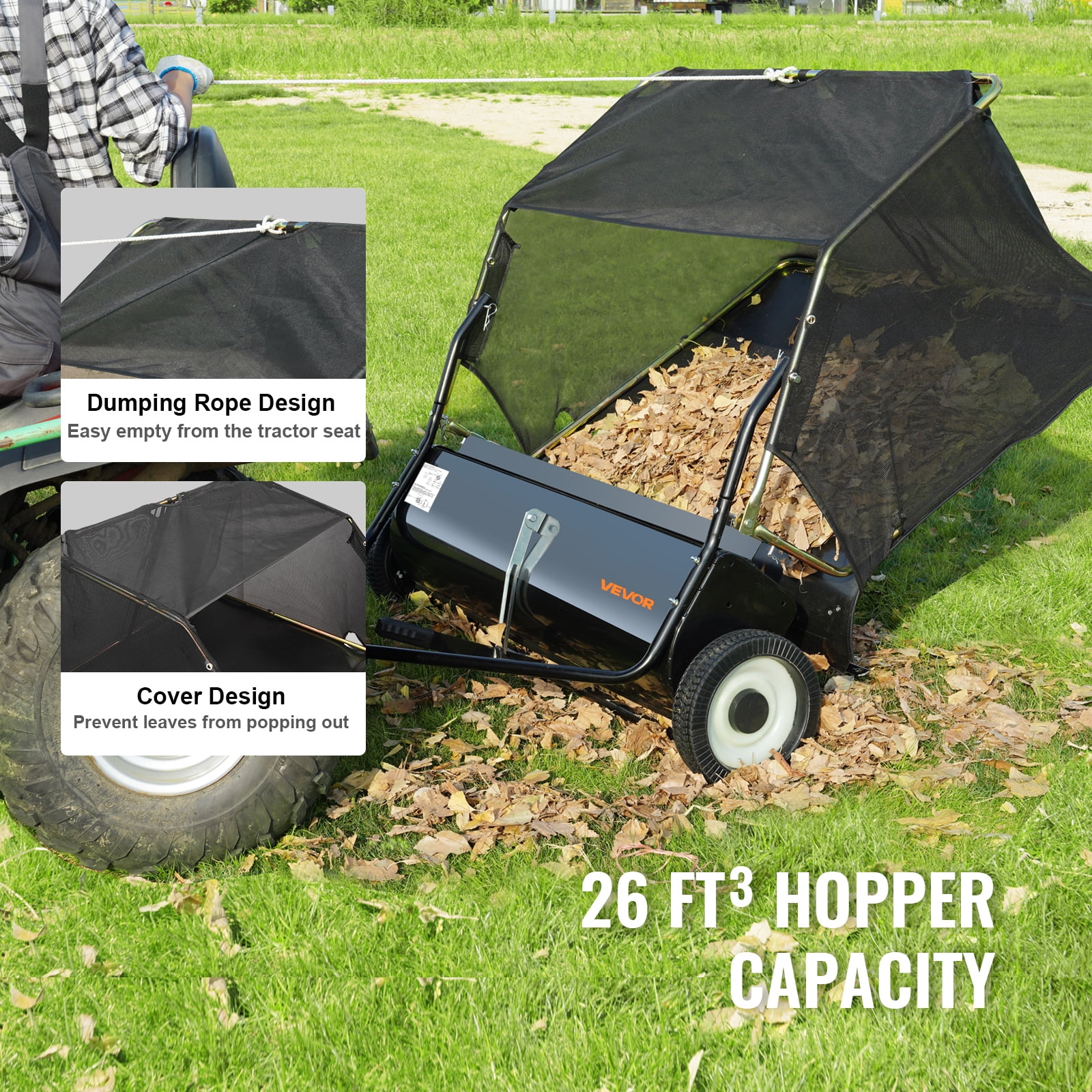 VEVOR Tow Behind Lawn Sweeper, 50 in Pull Behind Lawn Sweeper, 26 Cu. ft Large Capacity Leaf & Grass Collector, Heavy Duty Garden Sweeper with Adjustable Sweeping Height for Yard, Lawn, Farm