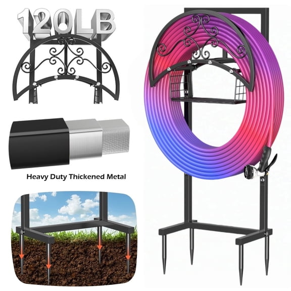 OLV Garden Hose Holder Freestanding Water Hose Heavy Duty Metal Reel Hanger,Holds 150ft Hose,Storage Basket