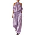 thumbnail image 2 of Womens Two Piece Outfits 2 Piece Linen Outfit Set Womens off Shoulder Puff Sleeve Tops Wide Leg Pants, Summer Elegant Boho Vacation Casual Wear Purple XL, 2 of 6