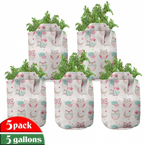 Baby Grow Bags 5-Pack, Night Time Owls Moon Fun, Heavyduty Fabric Pots with Handles for Plants, 2 Sizes, Tan Pink Seafoam, by Ambesonne
