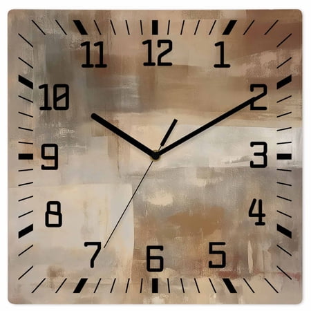 Brown Wooden Wall Clock Silent Non Ticking, Oil Painting Abstract Art Contemporary Square Wall Clocks Battery Operated, Decor Clock for Home Office, Living Room, Kitchen, 12 Inch