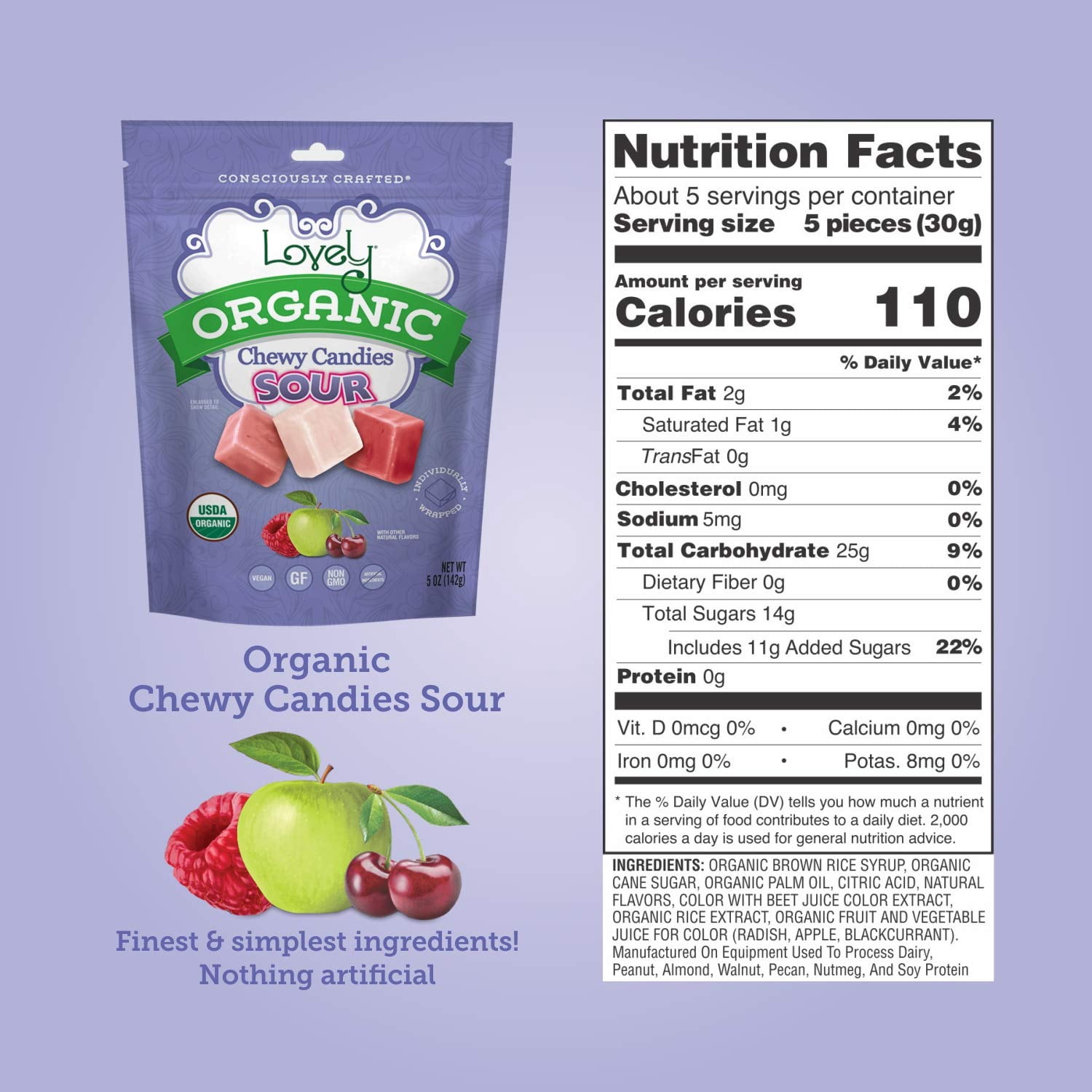Lovely Candy Organic Sour Chewy Candies 5oz (6-pack) | Raspberry, Apple, & Cherry | Vegan, Gluten Free, Non-GMO, No Artificial Ingredients