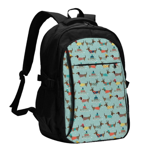 Easygdp winter ski Dachshund Mochila para Laptop de Viaje con Puerto USB, Mochila para Laptop con Puerto de Carga USB para Mujeres y Hombres