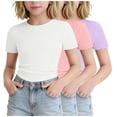 thumbnail image 5 of SGFCWSX Girls T Shirt 3 Pack Ribbed Knit Short Sleeve Crew Neck Slim Fit Cropped Casual Soft Basic Kids Daily Wear Tee Tops White Size 7/8, 5 of 6