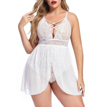popiv Plus Size Babydoll for Women Double Layer Elastic High Waist Teddy Chemise Comfy Floral Lace LingerieWhiteXL-3XL