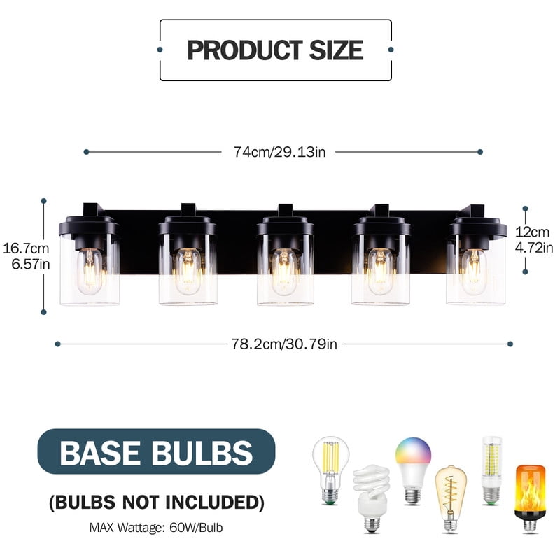 TICOZE 31 Inch 5 Light Matte Black Bathroom Vanity Light with Clear Glass Shade Vanity Light Fixtures Over Mirror for Bedroom, Living Room, Hallway (No Bulbs Included)