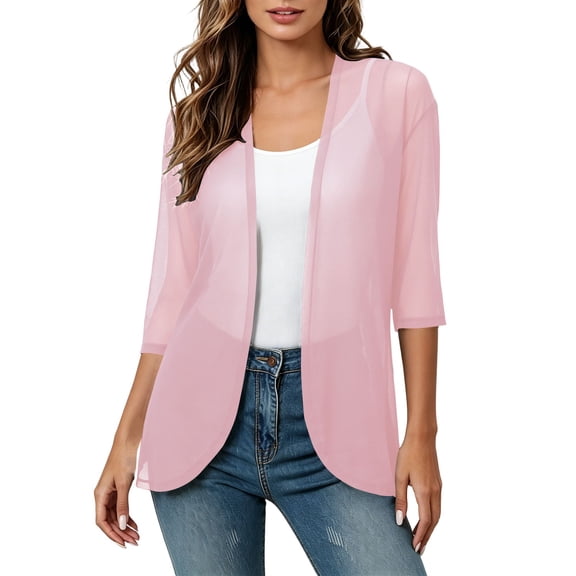 Sheer Chiffon Cardigans for Women 3/4 Sleeve Light See Through Dusters Casual Loose Kimono Cardigan