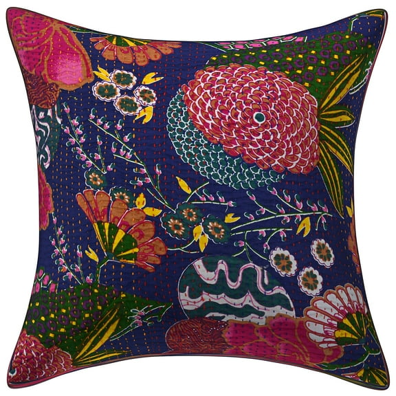 Stylo Culture Ethnic Decorative Throw Pillow Cover 16x16 Kantha Ink Blue Printed 40cm x 40cm Home Decor Accent Pillowcase Cotton Tropicana Square Cushion Cover | 1 Pc