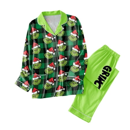 

Grinch Print Women s 2 Piece Printed Suit Long Sleeve Button Up Top Wide Leg Pants Suit Set Pajamas Home Casual Suit 2024 New Fashion Grinch Christmas Decoration for Fall/Winter