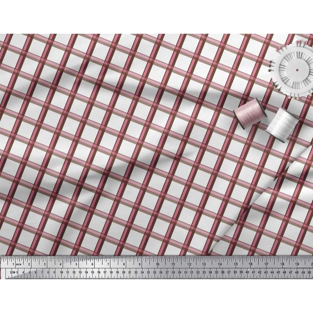 Soimoi Brown Poly Georgette Fabric Window Pane Check Print Sewing Fabric Yard 42 Inch Wide