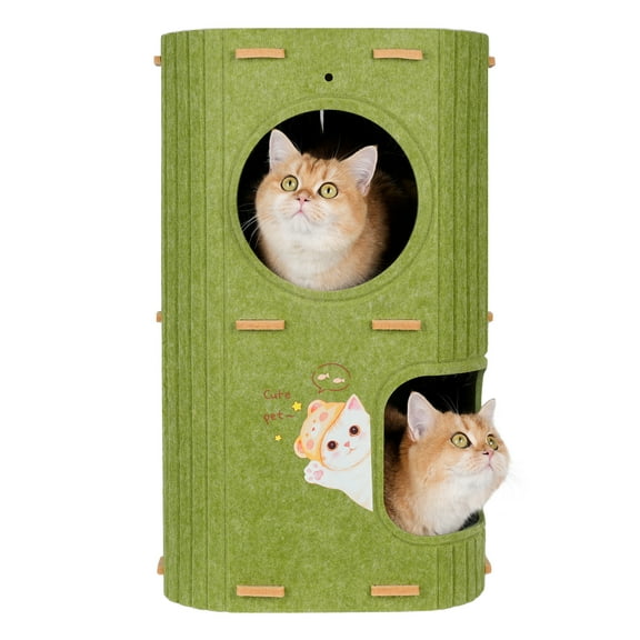 2 Story Cat House, Large Cat Condos for Peekaboo Indoor Cozy Felt Covered  Scratching, Small Pet Puppy Bed Cave Hideaway for Multi Pets, 23.6x14.5x14.5 Green