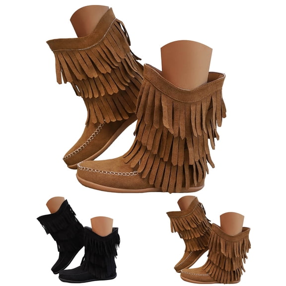 Dakaela Women's Fringe Western Boots Suede Tassel Cowboy Mid Calf Booties Vintage Low Heel Retro Slip on Winter Dress Shoes Black 6.5