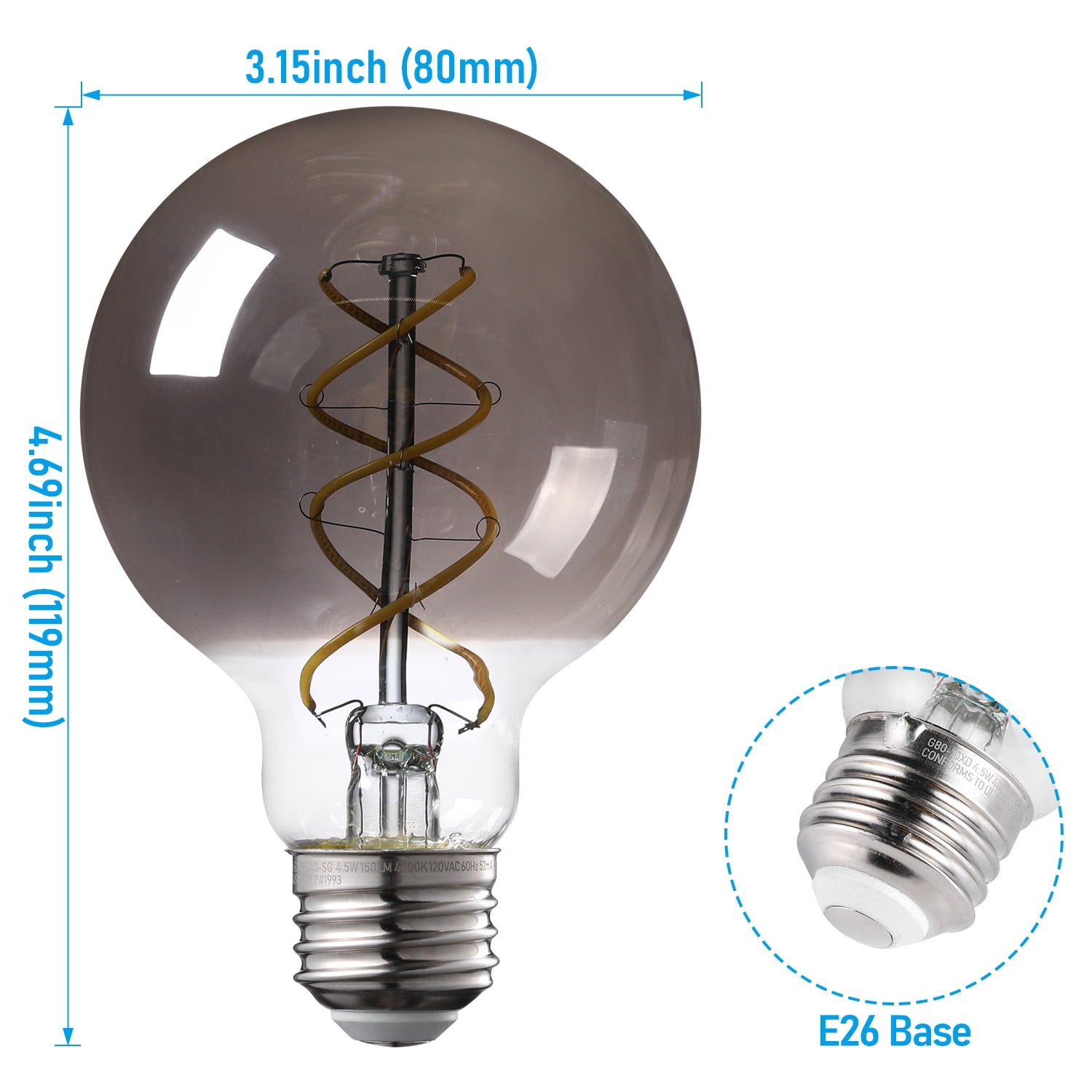 3 Pack G25 LED Globe Light Bulbs, Smoke Gray Glass, Dimmable, E26 Base Vintage Edison Bulb, 4000K Cool White